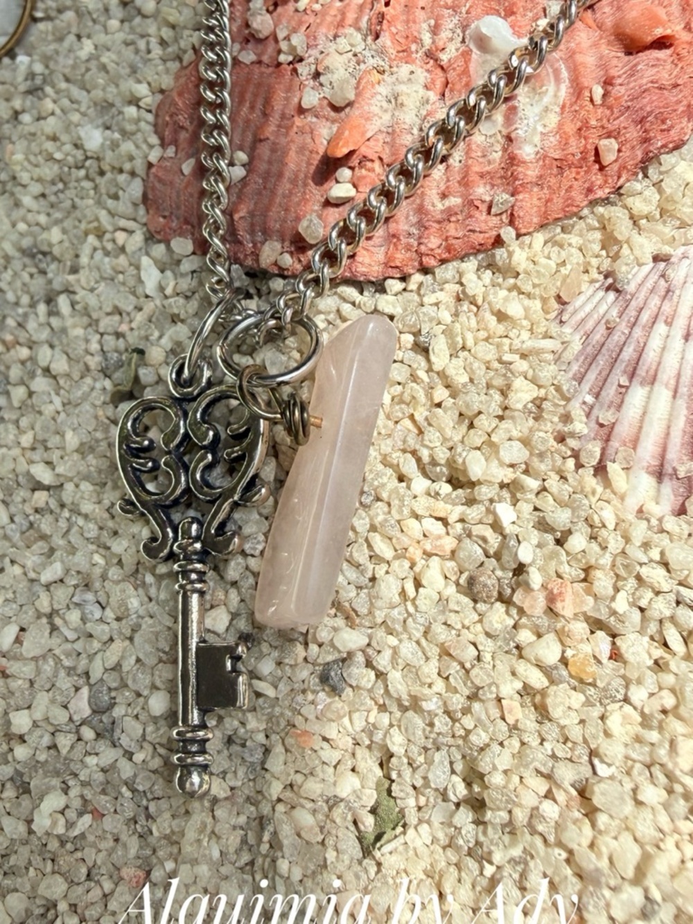 Alquimia Silver Key Necklace with Pale Pink quartz Stone